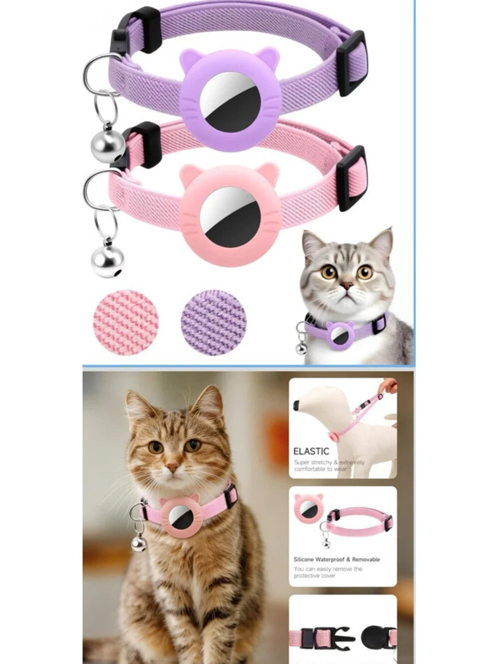 2pc Adjustable Cat Collar with AirTag Holder 2 Pack Silicone Cat Head Case Bell